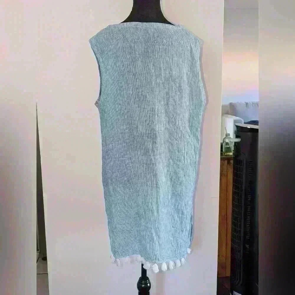 Tahari Women's Blue Striped Semi-Sheer Dress Cover-Up Size Medium Tassel Hem - Picture 4 of 12